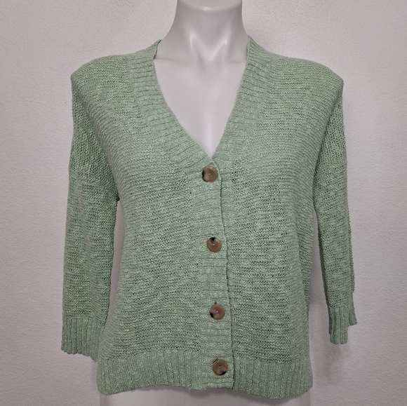 J. Jill NEW Prikly Pear Green Coastal V-Neck Knit Cardigan Sweater Size SP - Picture 1 of 11